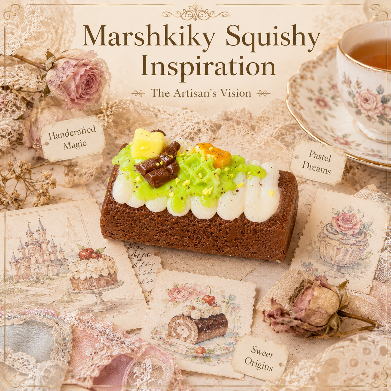 Chocolate cake squishy placed on vintage illustrated postcards and lace, surrounded by a teacup and dried pink roses.