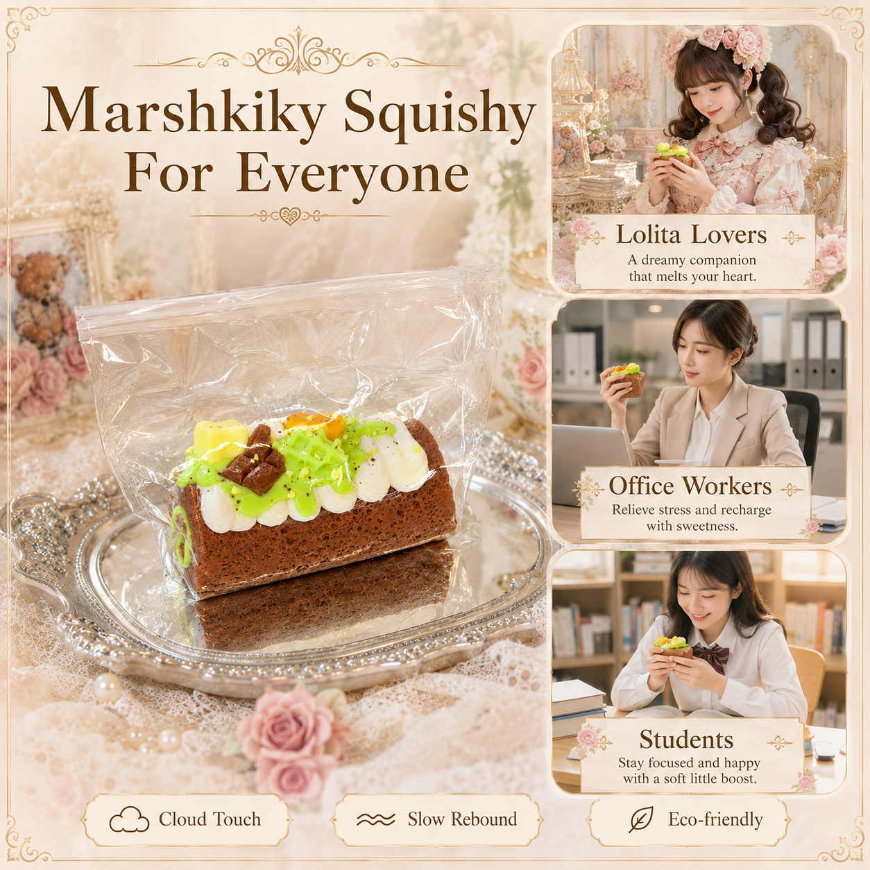 Packaged cake squishy alongside lifestyle photos of a Lolita fashion lover, an office worker, and a student using it.