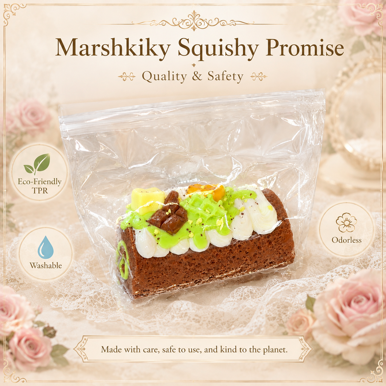 Packaged squishy toy highlighting quality and safety features: eco-friendly TPR, washable, and completely odorless.