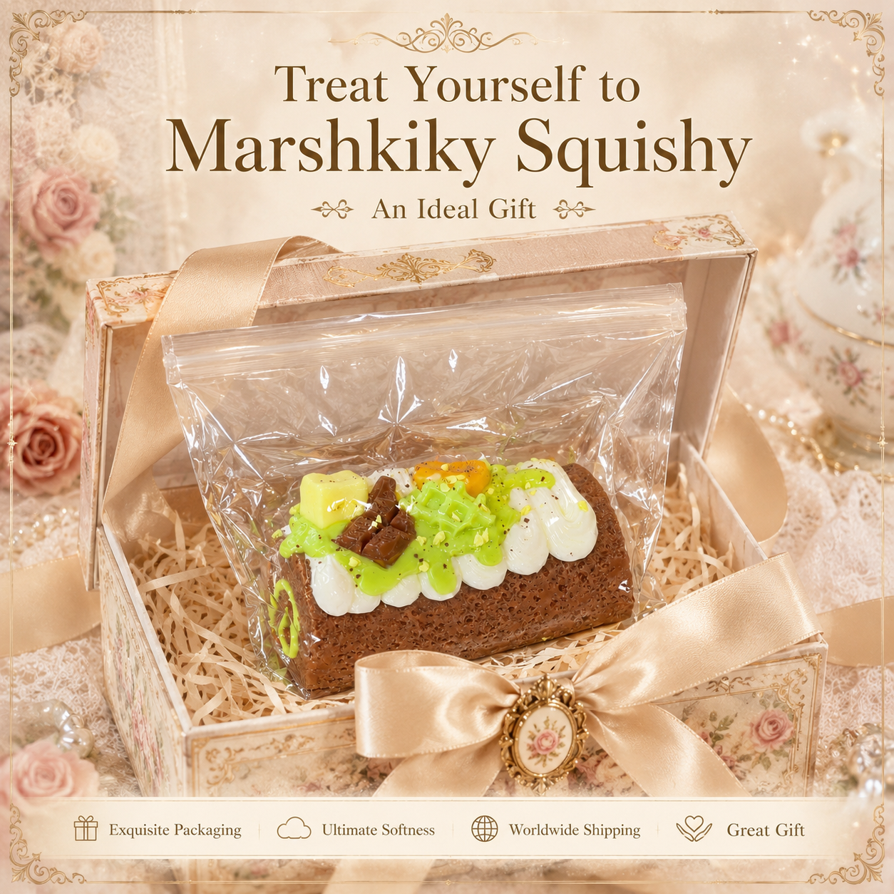 Packaged cake squishy presented in a beautiful vintage floral gift box with paper shreds and a champagne gold ribbon.