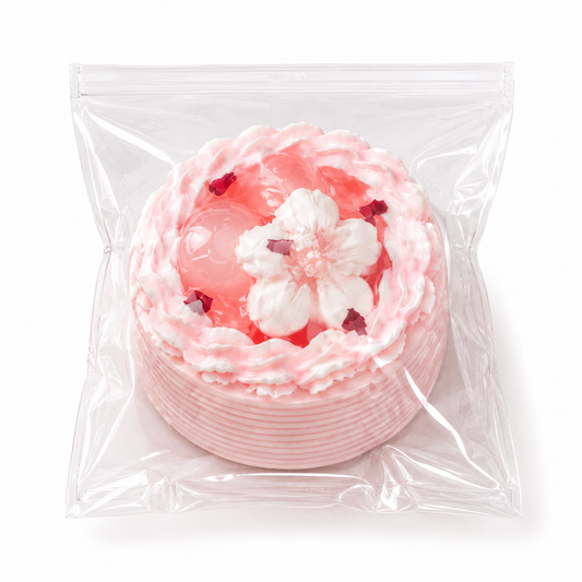 Pink sakura mini cake squishy stress toy inside a clear plastic ziplock packaging on a white background.