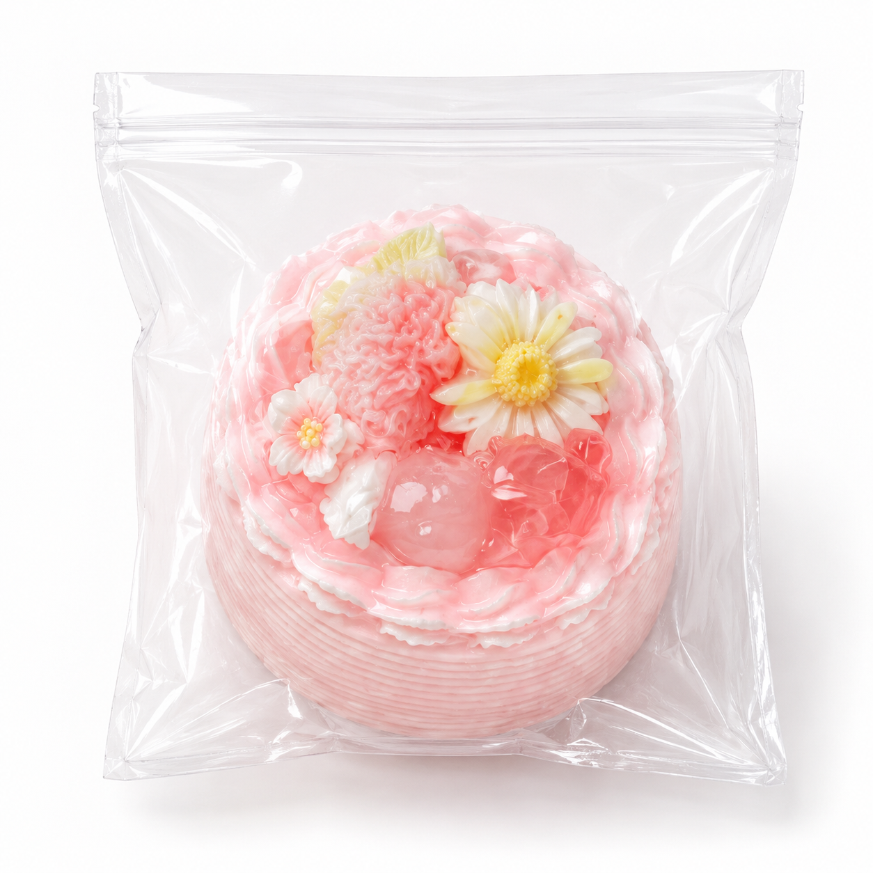 Pink mini cake squishy with daisy and jelly decorations sealed in a clear transparent bag against a white backdrop.
