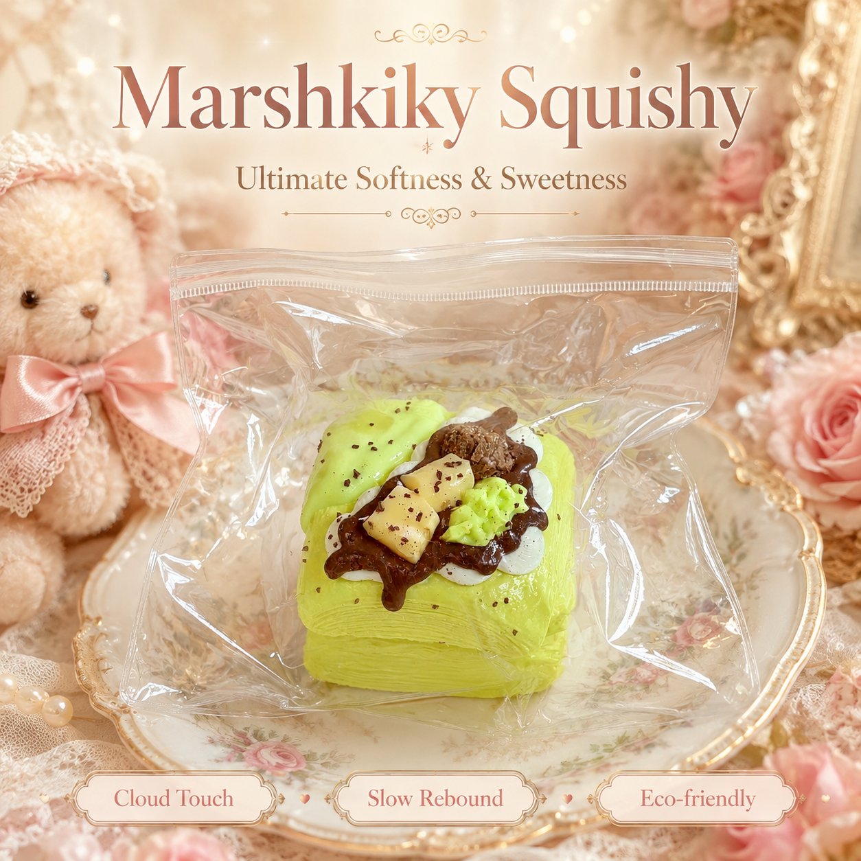 Marshkiky matcha pastry squishy toy in clear bag on a vintage floral plate.