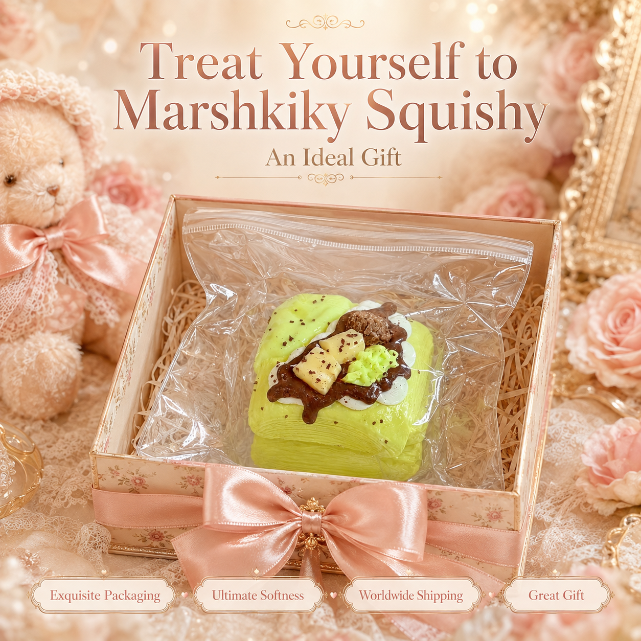 Marshkiky squishy toy beautifully packaged in a floral gift box with a pink ribbon.