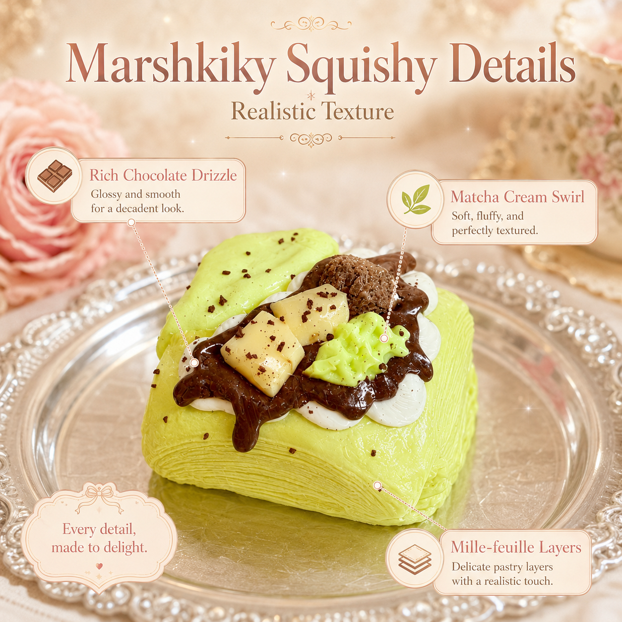 Close-up details of matcha mille-feuille squishy with faux chocolate drizzle.