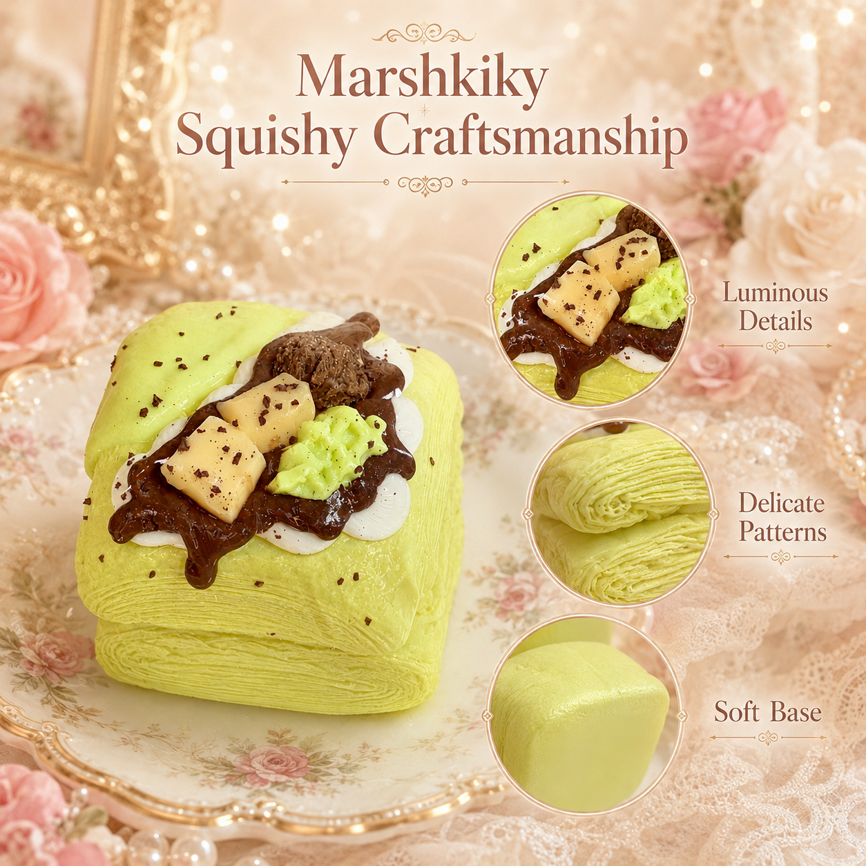 Craftsmanship details showing delicate patterns and soft base of the squishy toy.