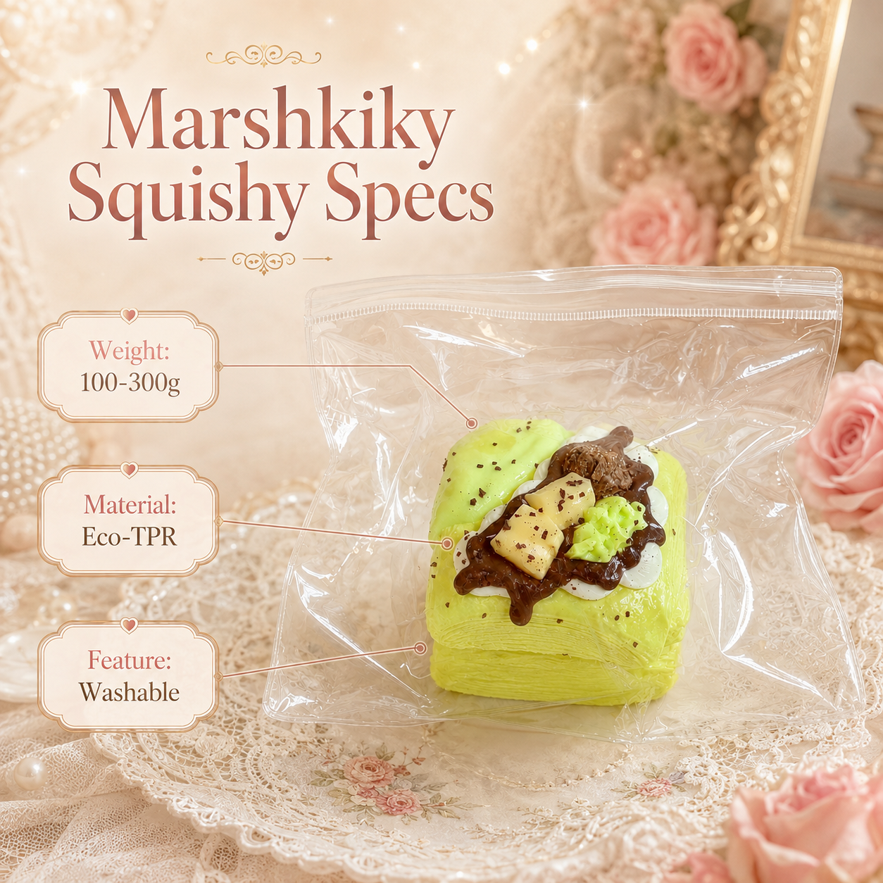 Eco-TPR washable Marshkiky squishy toy specifications and material details.