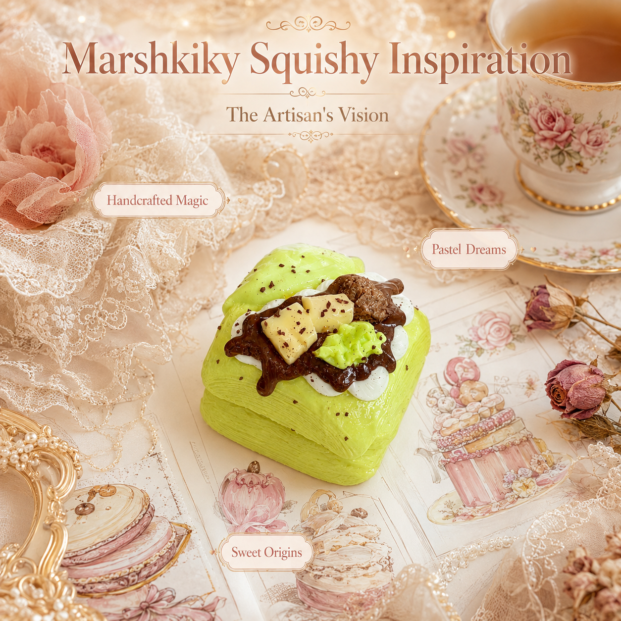Matcha pastry squishy toy resting on vintage dessert illustrations with a teacup.