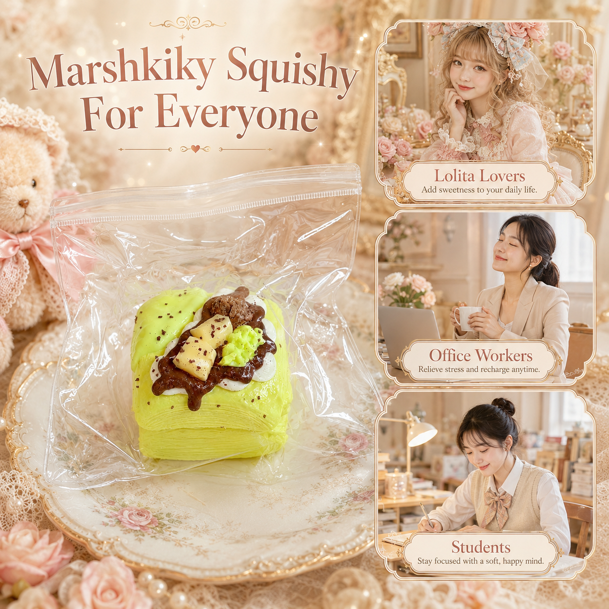 Marshkiky squishy toy for stress relief, ideal for office workers and students.