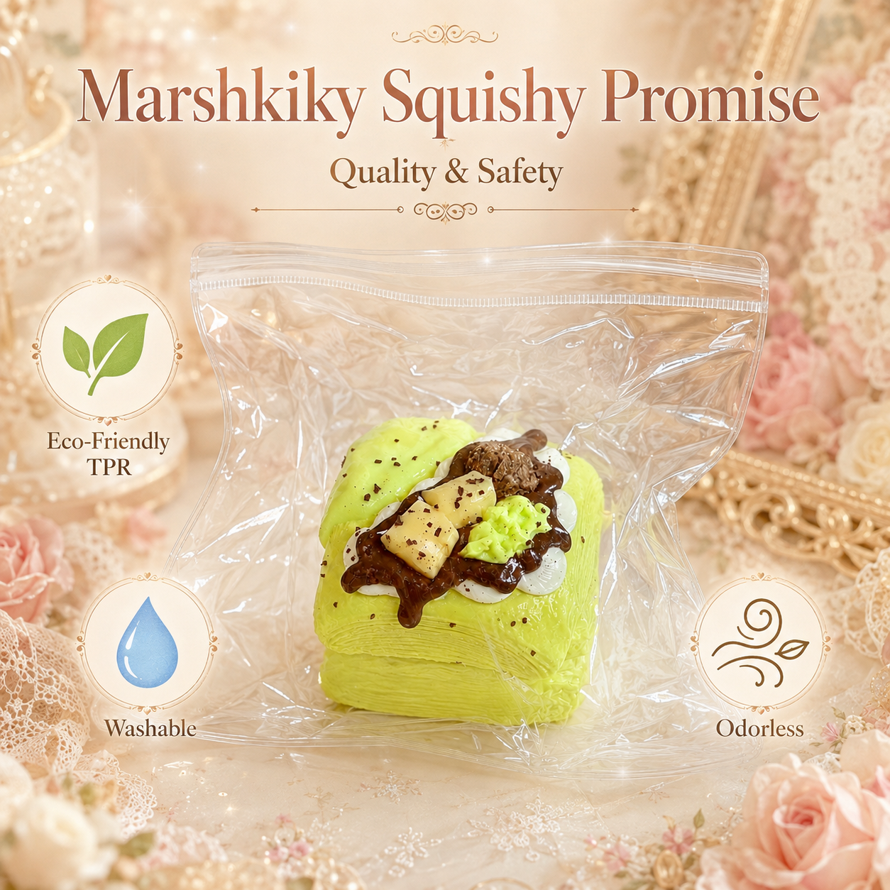 Washable and odorless eco-friendly TPR Marshkiky squishy in clear packaging.