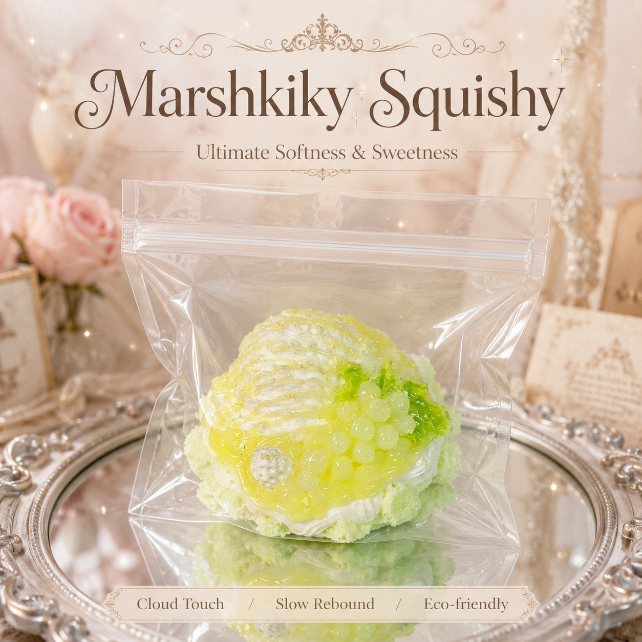 Grape melon cake squishy in a clear bag on a vintage silver tray with pink roses and picture frames