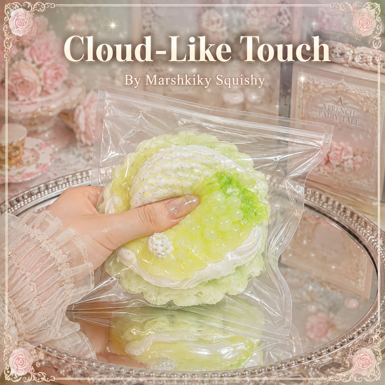 Hand squeezing a grape melon cake squishy in its clear bag, showing its cloud-touch soft squishy feel