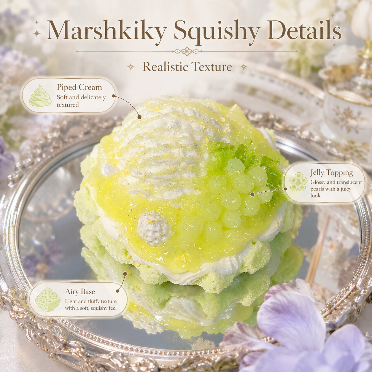 Close-up of green dessert squishy with piped cream, glossy translucent jelly pearls and airy fluffy base