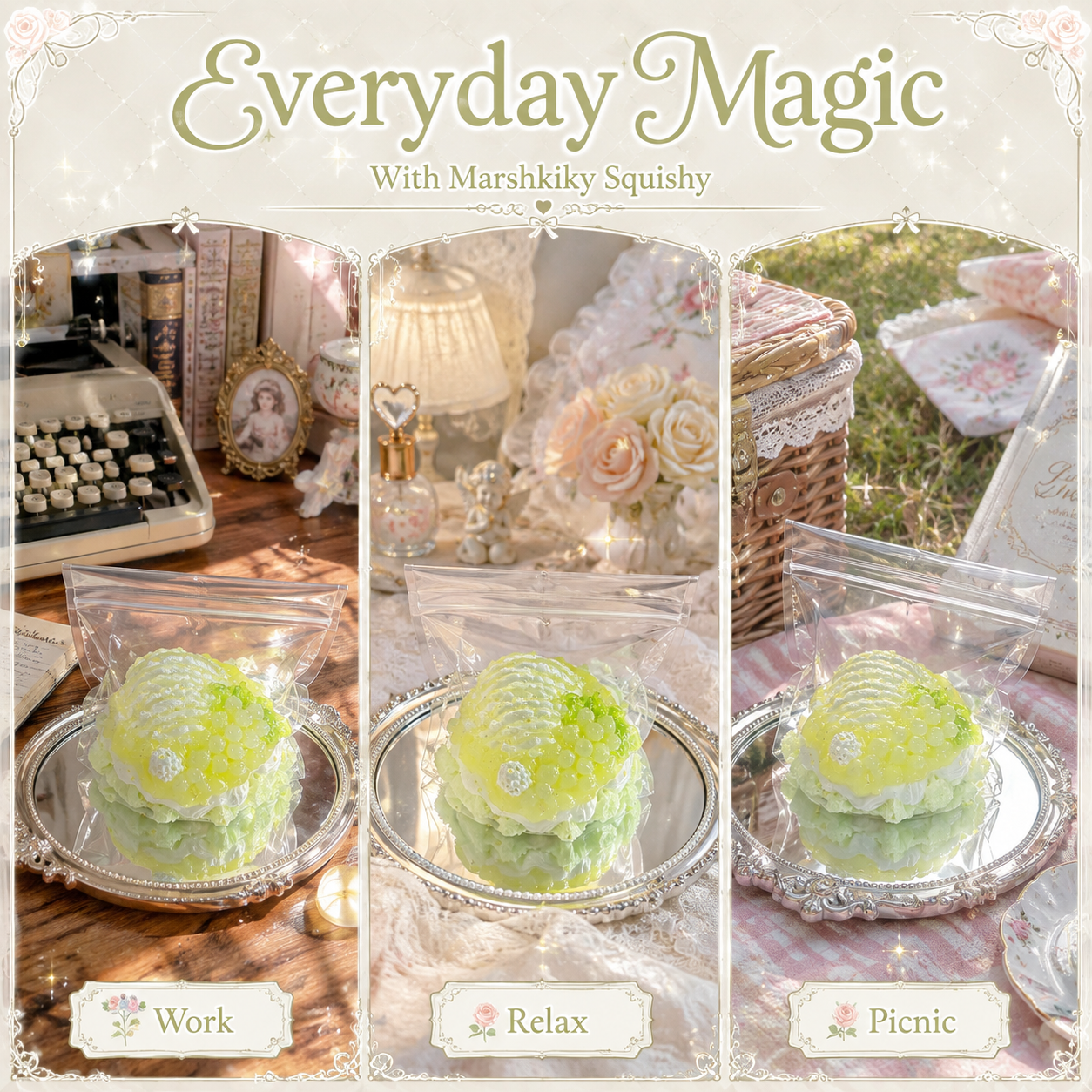 Grape melon squishy in three scenes - typing at a work desk, relaxing at home, and outdoor picnic