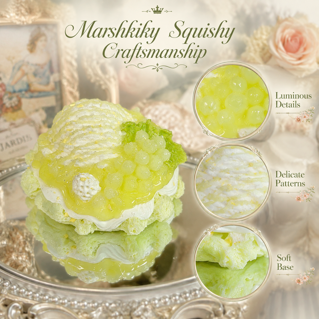 Green grape melon dessert squishy with luminous jelly topping, piped cream and soft sponge base in detail circles