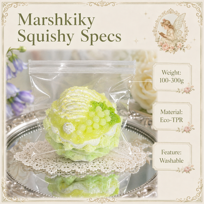 Packaged green jelly cake squishy with spec labels - eco-TPR material, washable, 100-300g - on a lacy tray