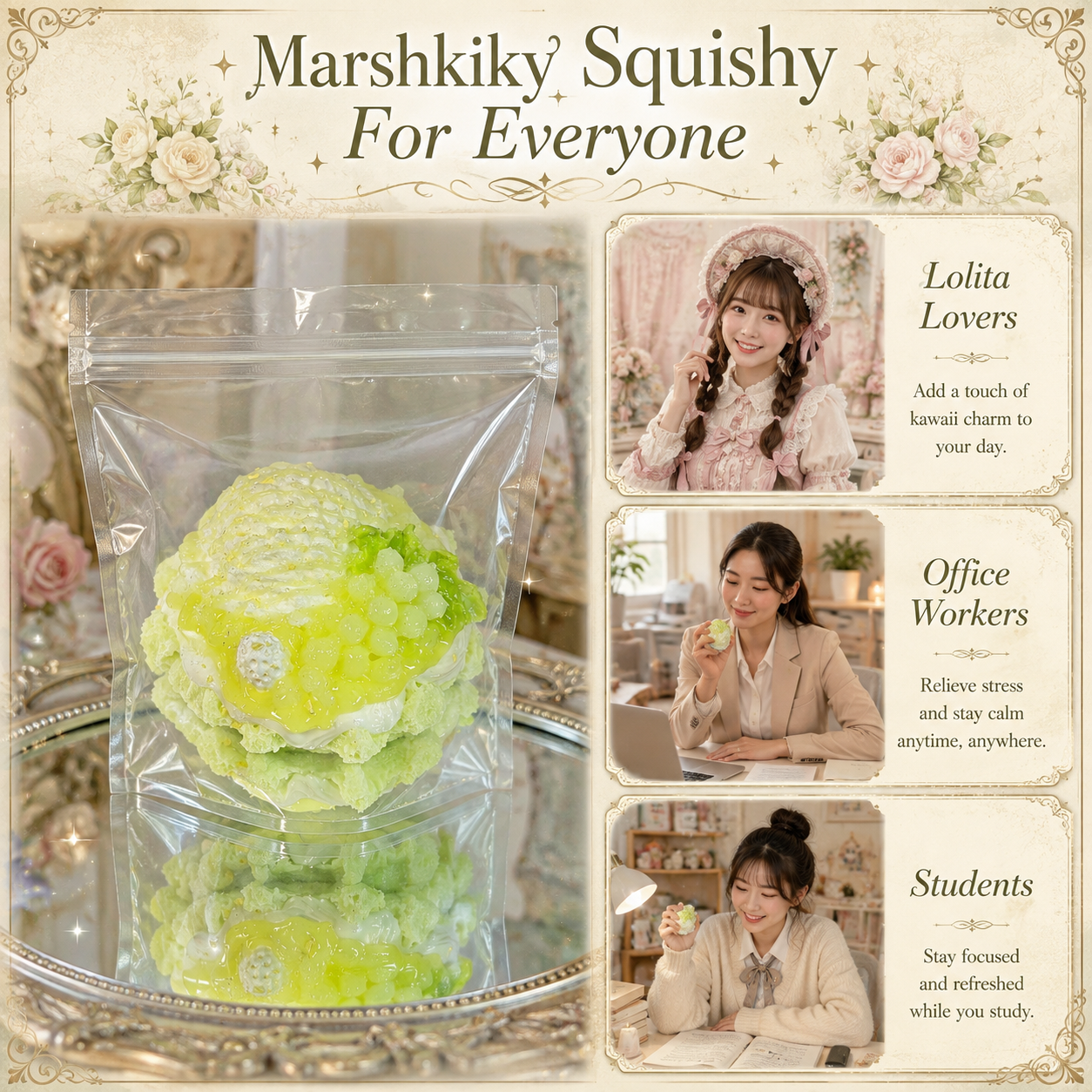 Green jelly cake squishy beside photos of a Lolita fashion lover, office worker and student squeezing it