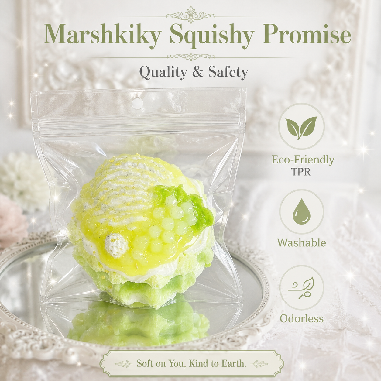Grape cake squishy in a clear bag with eco-friendly, washable and odorless feature text on a pastel scene