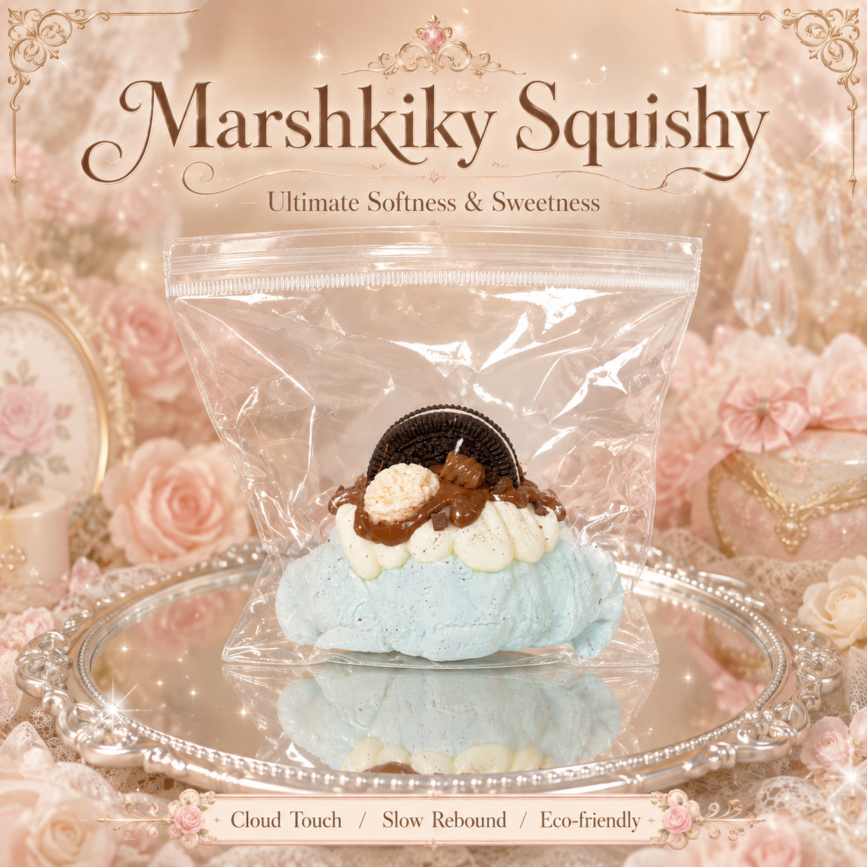 Packaged Marshkiky Squishy on a silver tray, featuring a blue dessert design with cloud touch and slow rebound.
