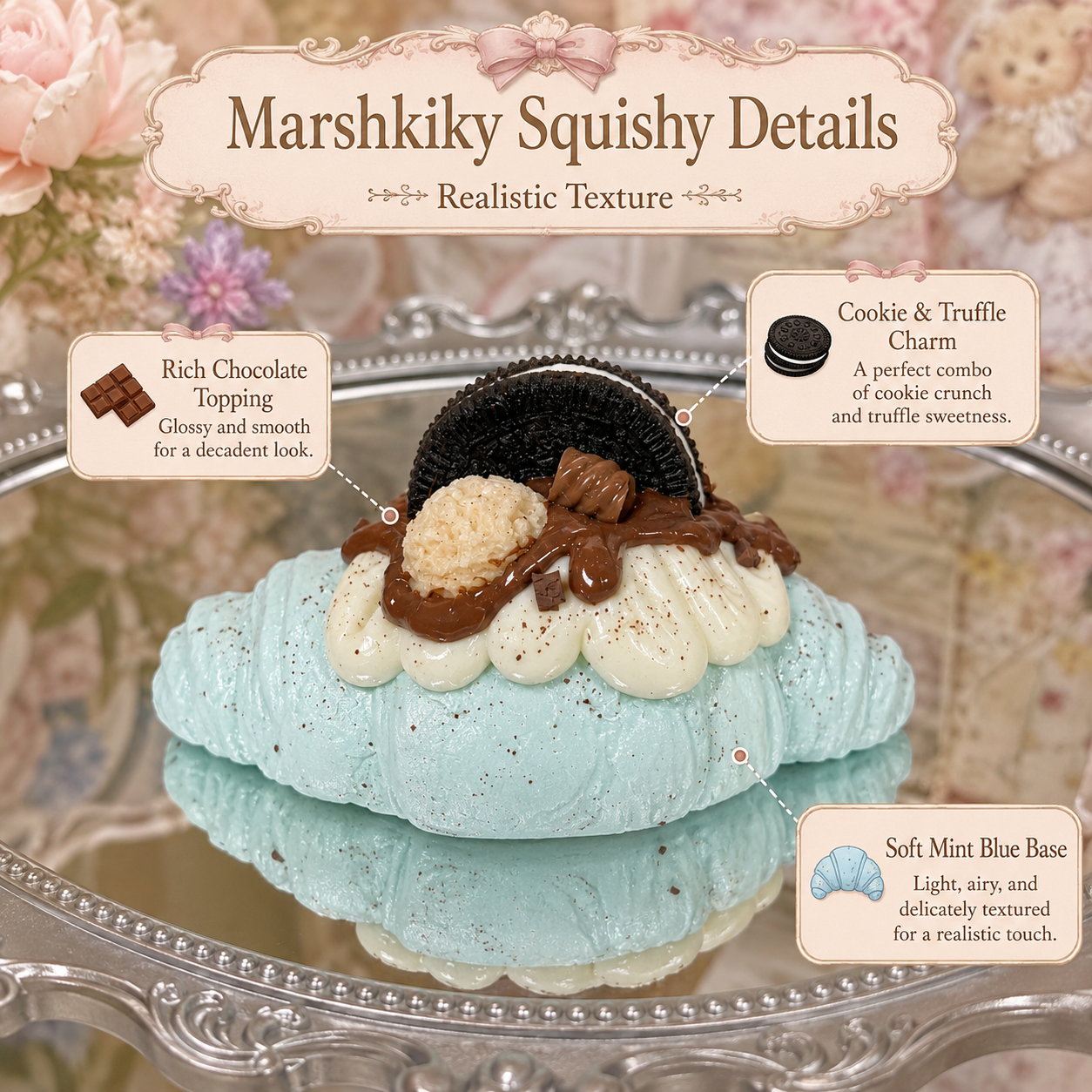 Detailed view of realistic squishy toy with mint blue croissant base, rich chocolate topping, and cookie charm.