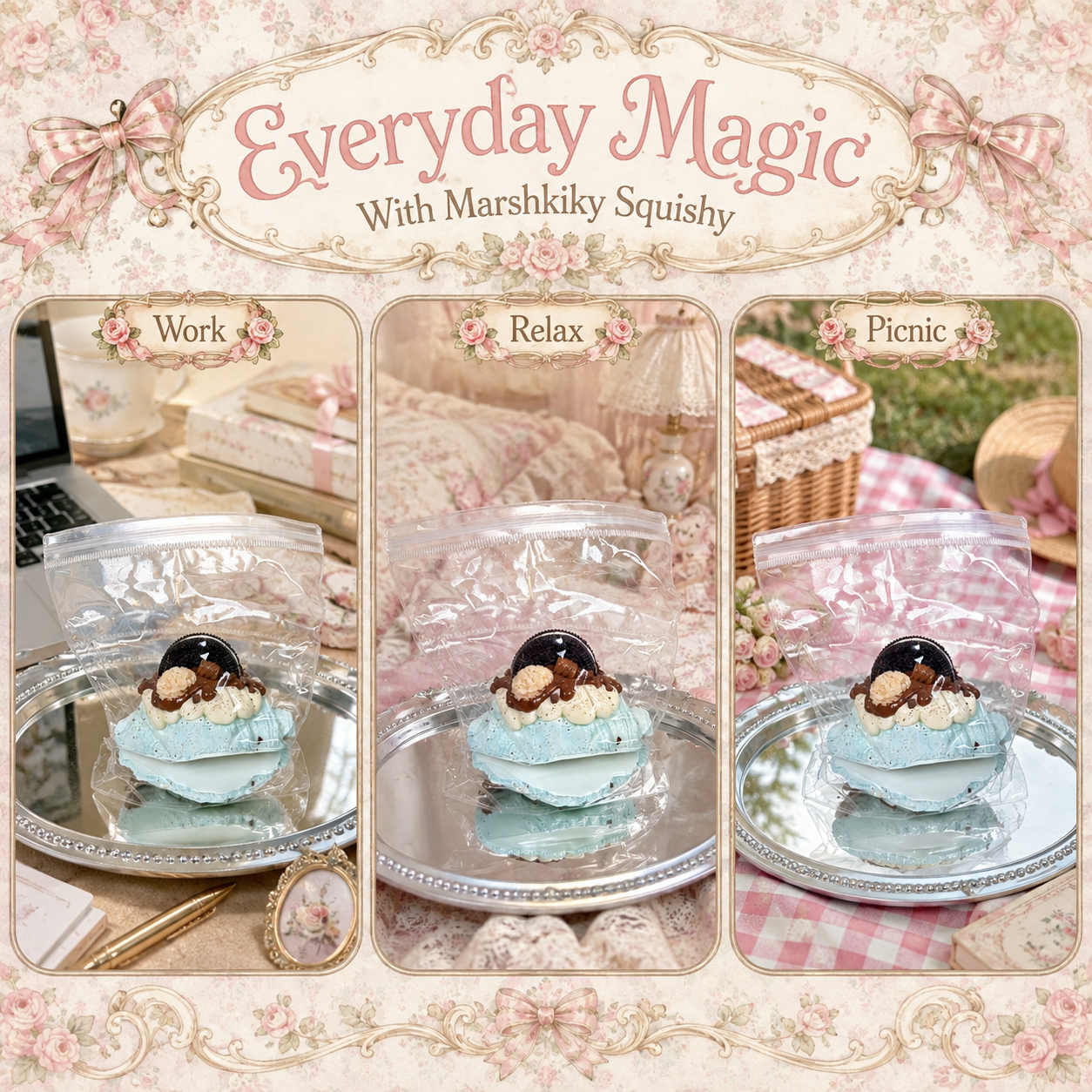 Three everyday scenes showing the packaged dessert squishy used for stress relief at work, relaxing at home, or picnics.