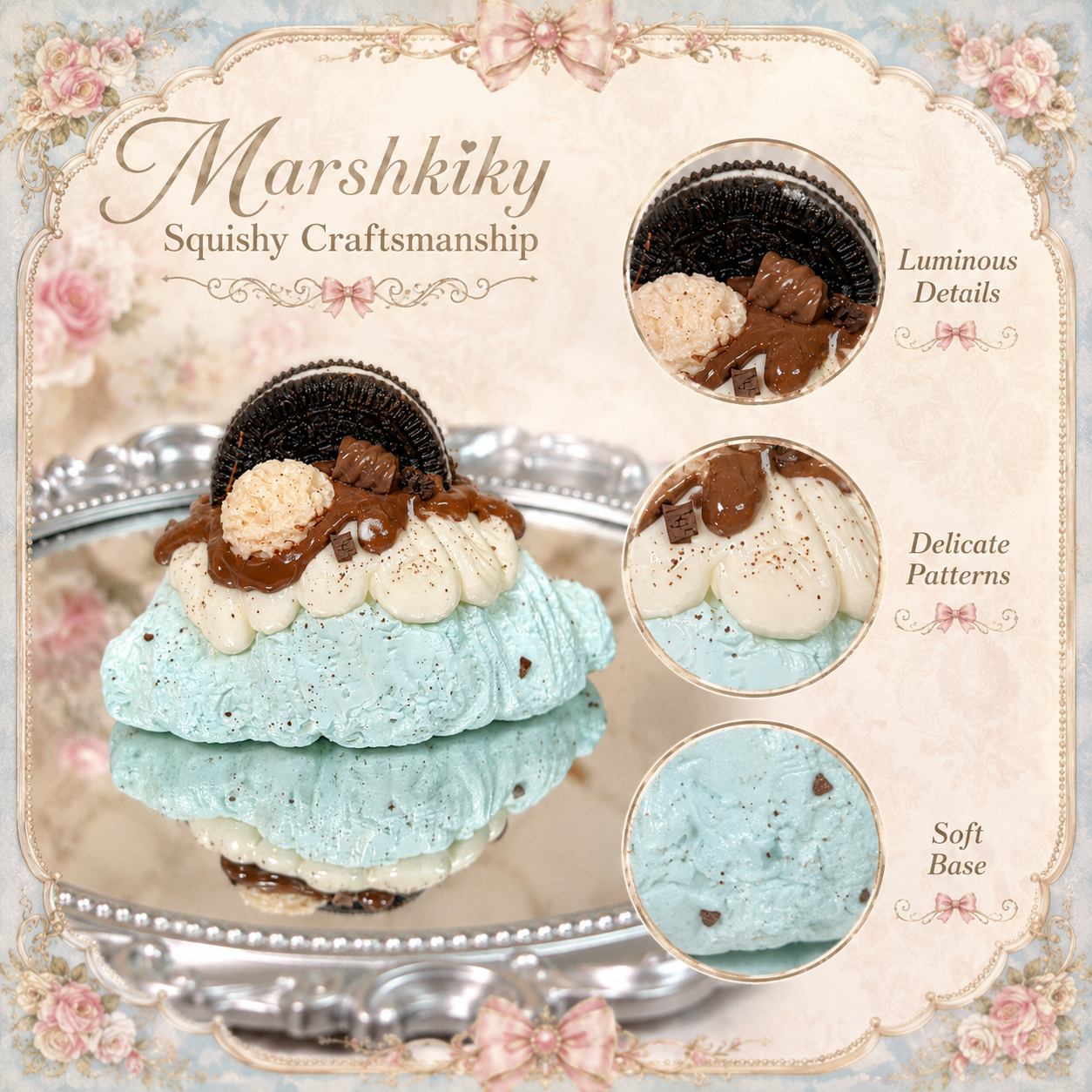 Close-up insets highlighting the squishy craftsmanship, showing luminous chocolate details and soft textured mint base.