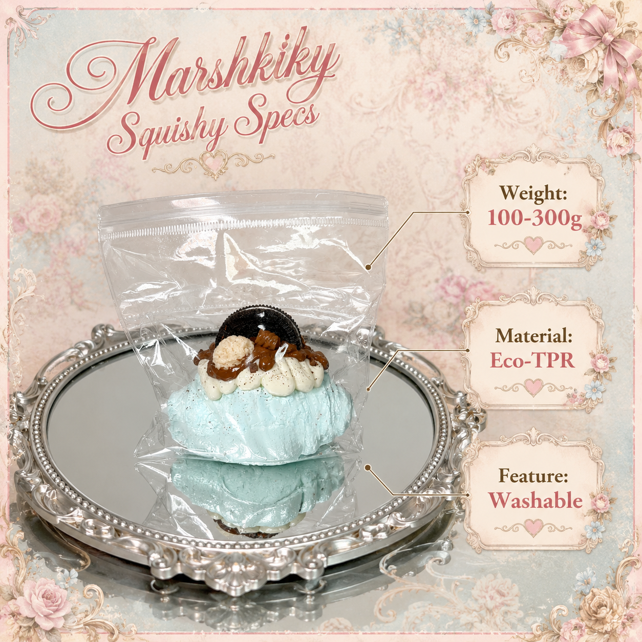 Product specs for the packaged squishy toy, highlighting its 100-300g weight, washable feature, and Eco-TPR material.