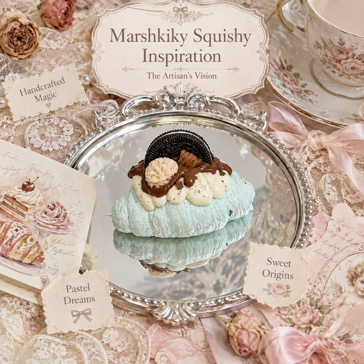 Mint blue dessert squishy on a vintage silver tray surrounded by lace, a teacup, and romantic pastel paper decorations.