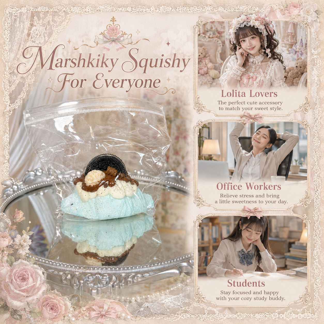 Target audience guide showing the cute squishy toy is perfect for Lolita lovers, office workers, and studying students.