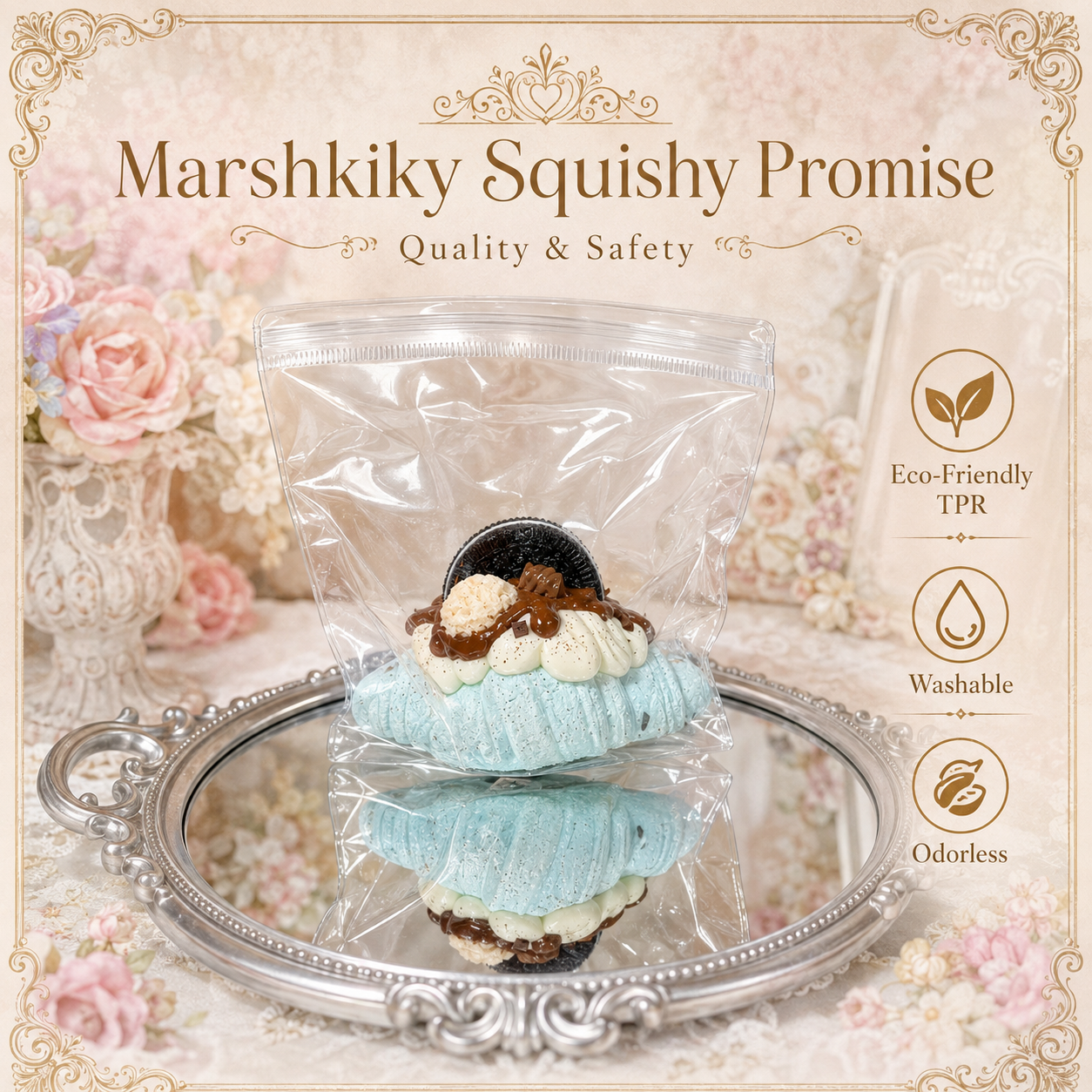 Safety promises for the packaged dessert squishy, emphasizing its eco-friendly TPR, washable, and odorless features.