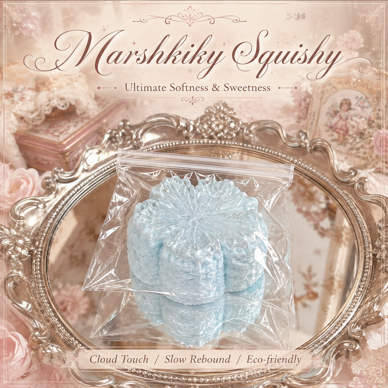 Light blue flower-shaped Marshkiky squishy in a clear bag on a vintage silver mirror tray.