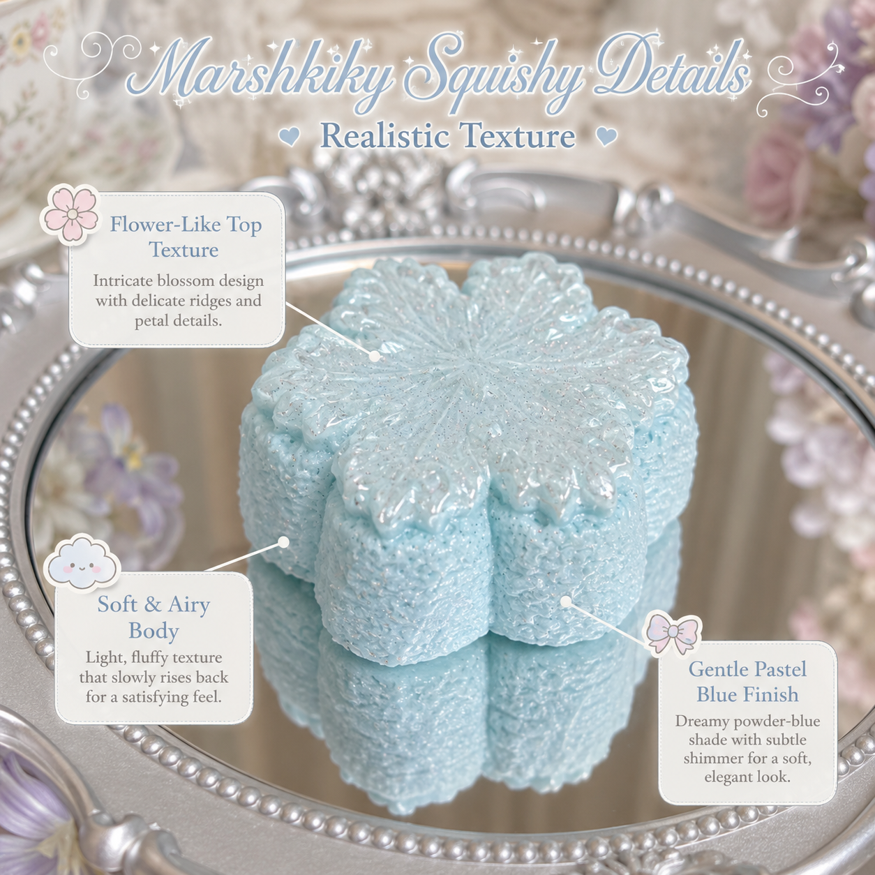 Close-up details of a blue flower squishy highlighting its realistic texture, airy body, and pastel shimmer finish.