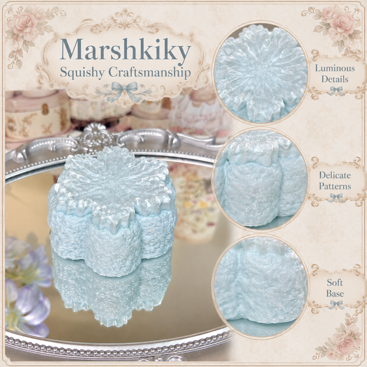 Craftsmanship details of the blue blossom squishy showing extreme close-ups of its luminous top, delicate patterns, and 