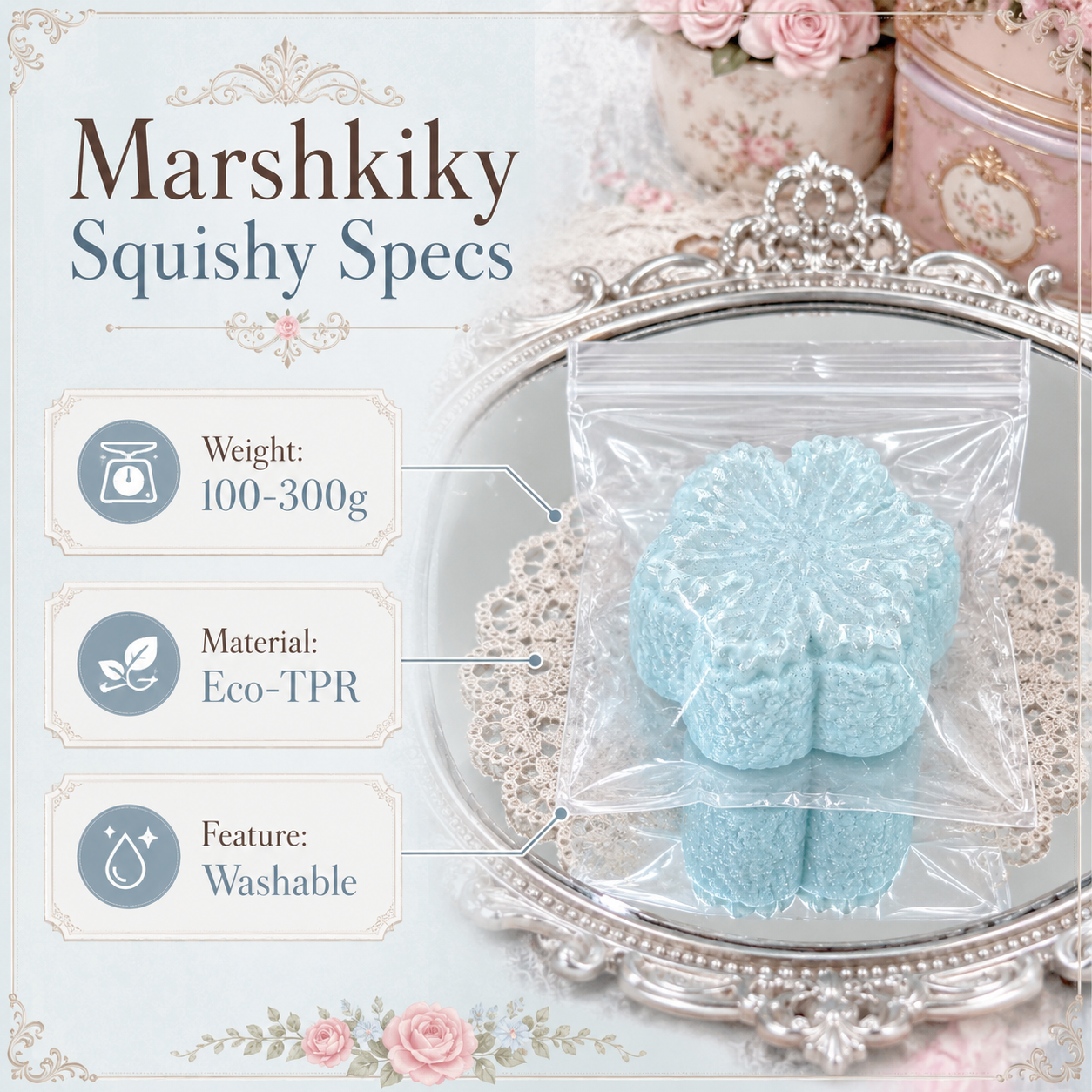 Specs for the pastel blue squishy toy, showing it is made of washable Eco-TPR and weighs between 100-300g.