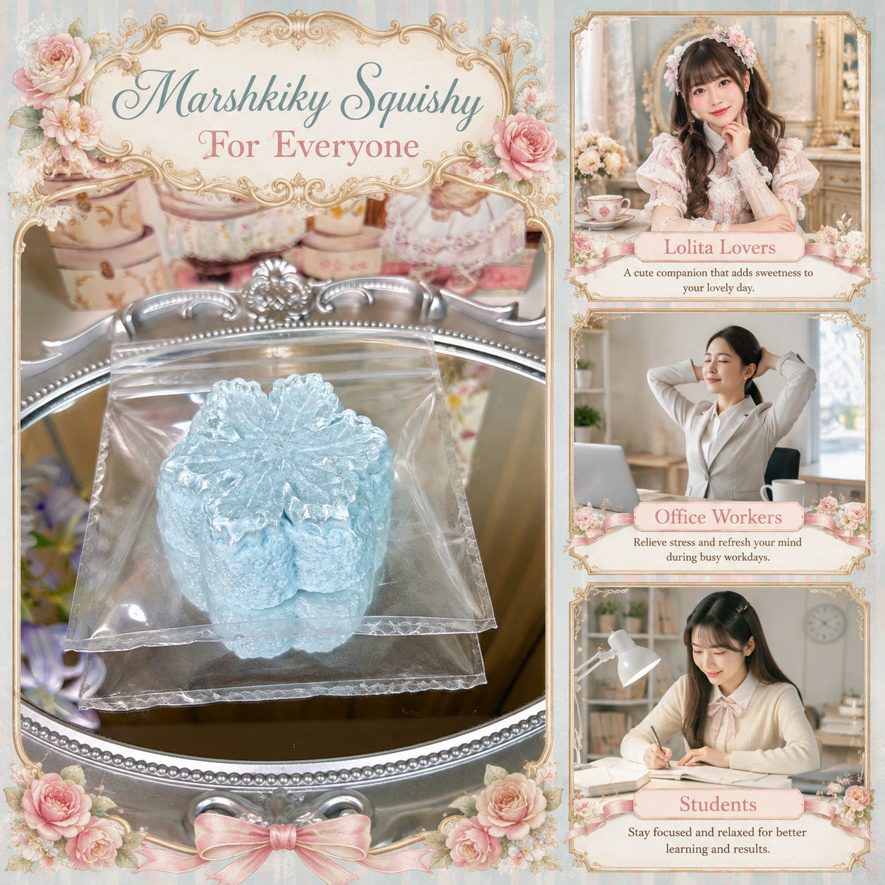 Blue flower squishy shown as a stress-relief companion suitable for Lolita lovers, office workers, and students.