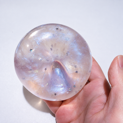Translucent sensory squishy ball with resin star details and pearlescent shimmer; Glass Galaxy handmade sensory squishy ball, product photo 4