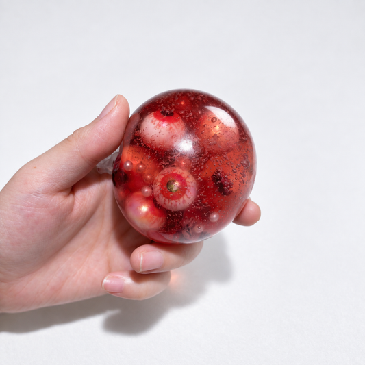 Red sensory squishy ball with eyeball details held in a hand