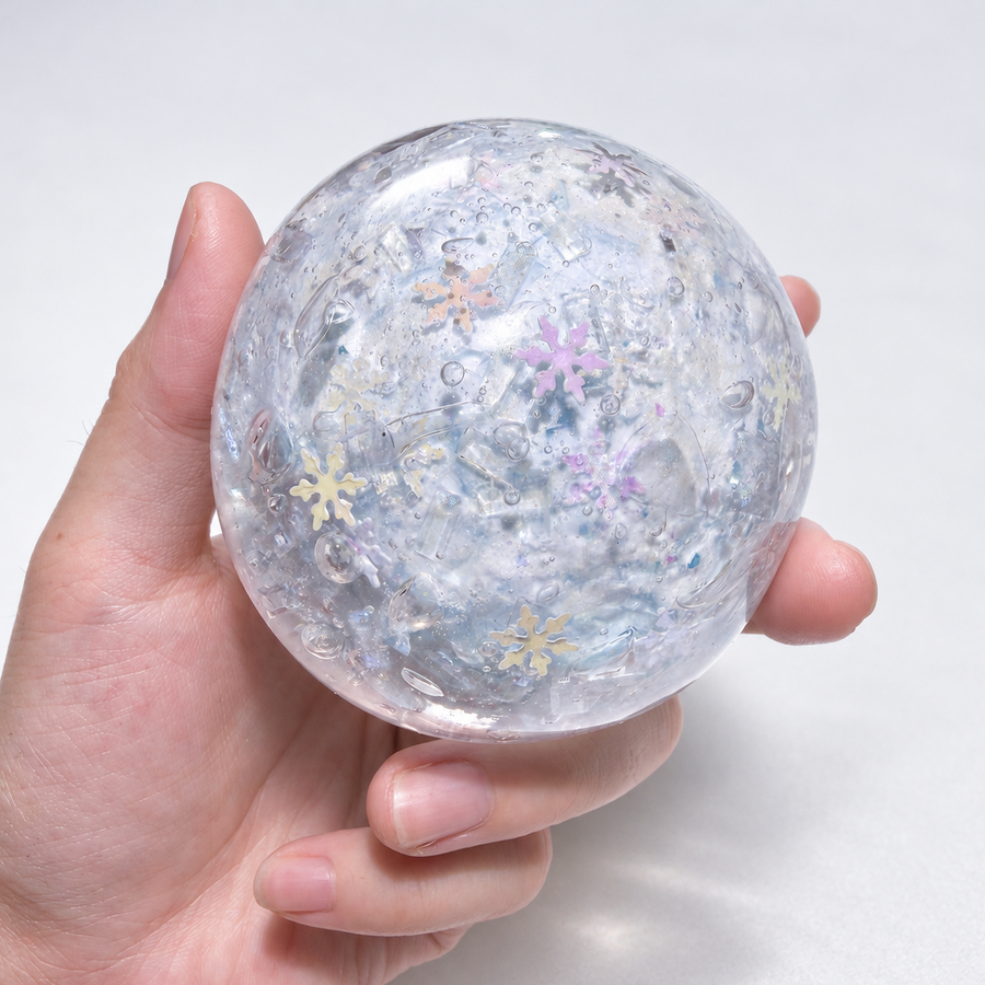 Close view of pastel snowflake details inside a clear sensory ball