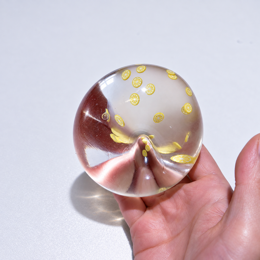 Translucent sensory squishy ball with small resin lemon slice details; Summer Fruit Party handmade sensory squishy ball, product photo 1