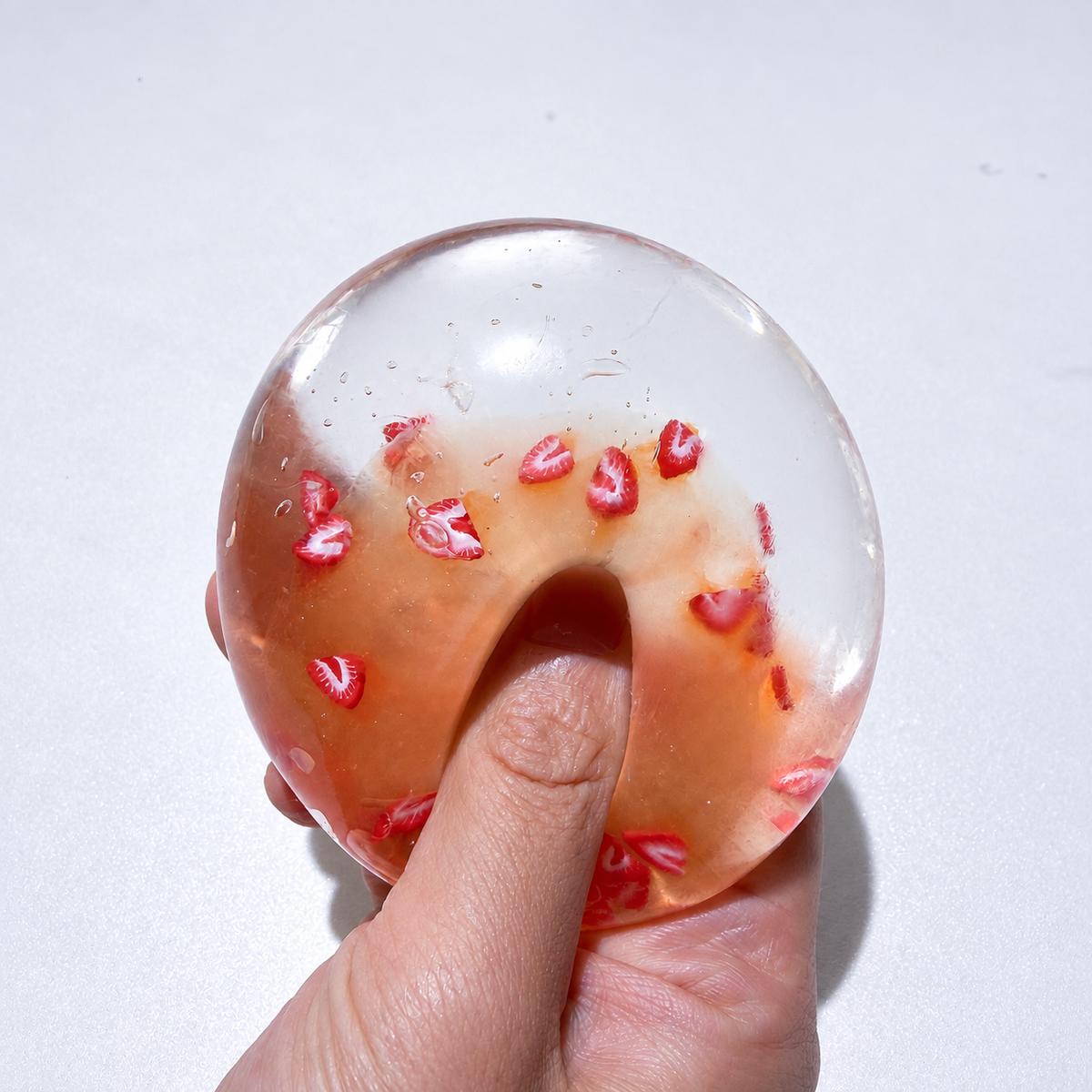 Translucent sensory squishy ball with small resin lemon slice details; Summer Fruit Party handmade sensory squishy ball, product photo 11