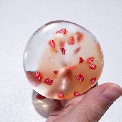 Translucent sensory squishy ball with small resin lemon slice details; Summer Fruit Party handmade sensory squishy ball, product photo 3