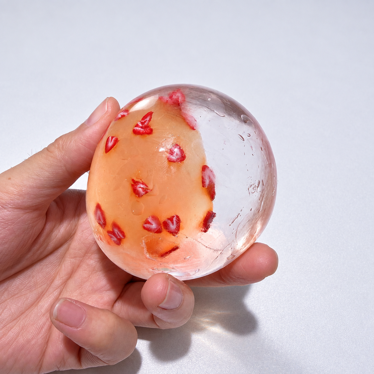 Translucent sensory squishy ball with small resin lemon slice details; Summer Fruit Party handmade sensory squishy ball, product photo 8